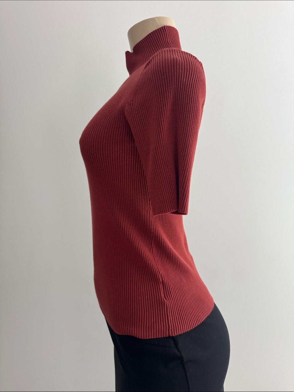 Ellen Tracy Rust Red Ribbed Short-Sleeve Mock Neck Top - Picture 2 of 4
